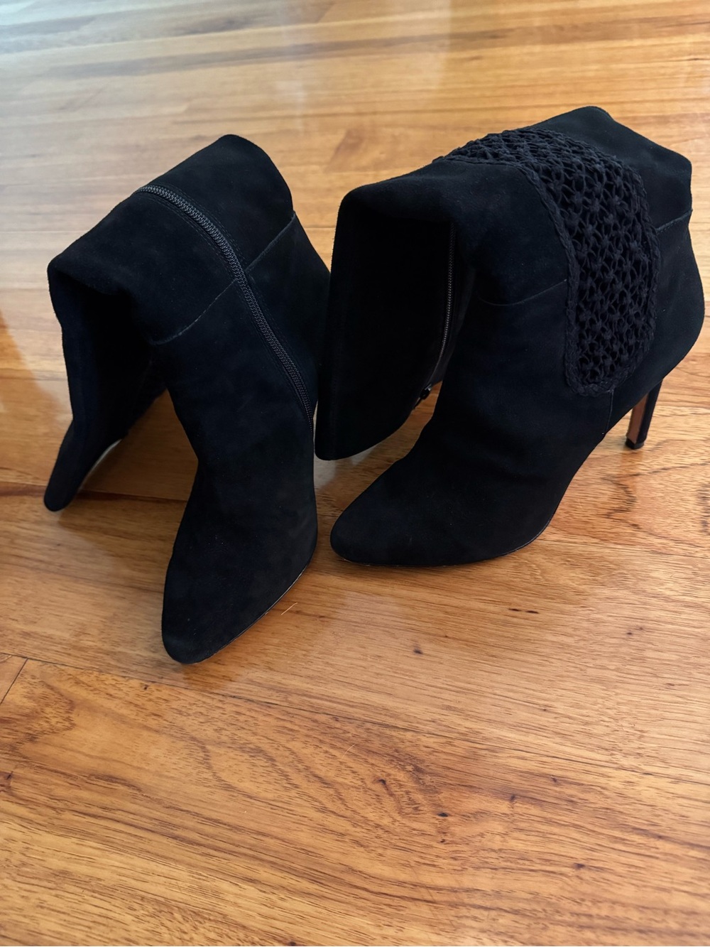 ANTONIO MELANI Black Suede Ankle Booties with Crochet Panel